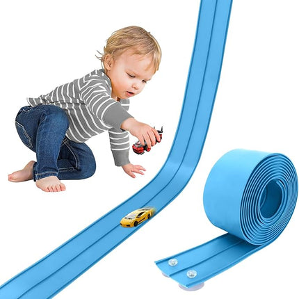 15 Ft Cobalt Blue Flexible Race Car Track,Two-Lane Flex Race Track， Sucion Cups, Compatible with Hot Wheels, Matchbox, Diecast 1/50th Toy Cars (Sky Blue)