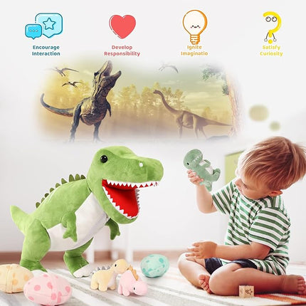 MorisMos Dinosaur Stuffed Animal with Babies,23.6'' Big T-Rex Mommy Stuffed Dinosaur with 3 Baby Dino Plush Toys, 3 Eggs,Boy Girl Dino Toys for Kid Birthday Christmas,Green T-rex
