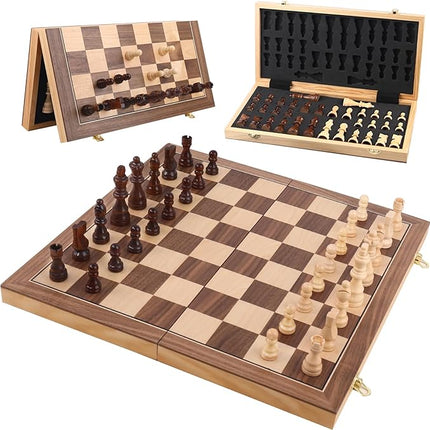 Wooden Chess Set with Folding Board - 15" Classic Magnetic Chess Set with Protective Bag for Adults, Chess Lovers Tournament Professional Beginner