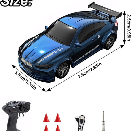 Mini RC Drift Car with Lights, 1:64 4WD 2.4GHz Remote Control Car for Kids Adults (Blue)