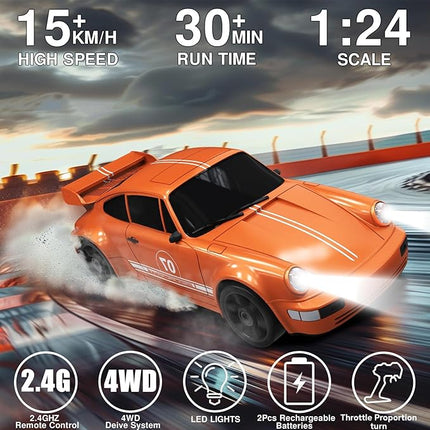 Remote Control Car RC Drift Car 2.4GHz 1:24 4WD 15KM/H High Speed Racing Sport Car with LED Lights Drifting Tire Racing Sport Toy for Adults Boys Girls Kids Gift 2Pcs Rechargeable Batteries