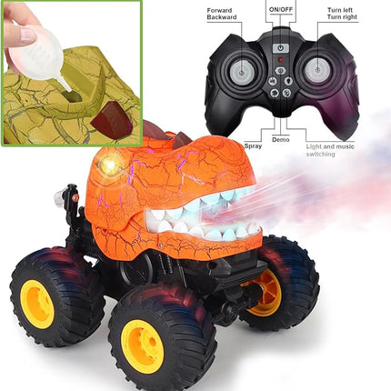TODKISS Dinosaur Remote Control Car, Monster Truck Toys with Spray, Light & Sound, 2.4GHz All Terrain RC Cars for Boys Age 4-7, Birthday Gifts for Kids 3-5 6 7 8-12