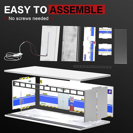 1/64 Scale Diecast Display Case for Hot Wheels Matchbox Cars, Toy Car Model Mini Garage with LED Light and Acrylic Cover, Stackable Parking Lot Diorama Storage for Collection Present