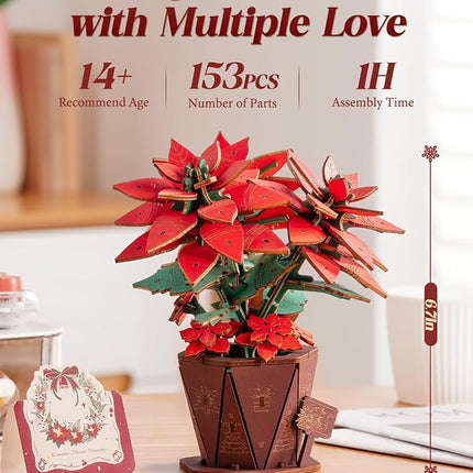 3D Flower Wooden Puzzles for Adults-Poinsettia, DIY Wooden Flowers Model Kit Building Set Crafts for Adults to Build, Botanical Collection/Ideal Creative Gift Ideas/Housewarming (153PCS)