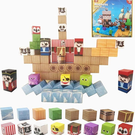 Magnetic Blocks Pirate Ship Magnet Cubes 100Pcs Montessori Building Block Sets STEM Sensory Construction Toys for Boys Girls Ages Kids 3-12 Birthday Party Gifts