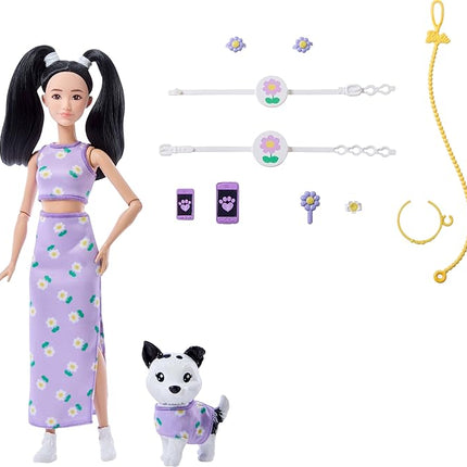 Barbie Twinning Looks Doll with Pet Dog in Matching Purple Daisy Clothes and Accessories for Both Like Flowers and Belt Bags, Black Hair