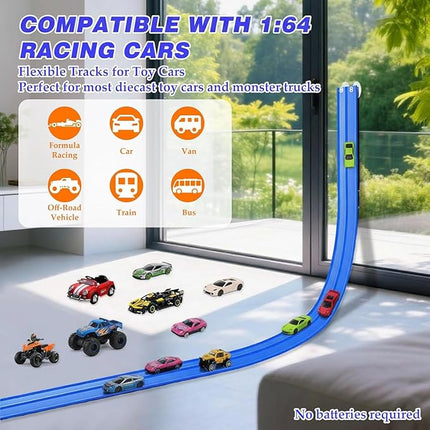 15 Ft Flexible Race Car Track for Kids, Rolls Up Portable Race Tracks with 6 Car & Suction Cups, Compatible with Hot Wheels and Diecast 1/64th Cars, Birthday Gifts for Boys Girls