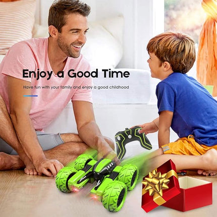 Remote Control Car for Kids 3-12 Years Old, Birthday Gift Toy for Boys Age 4 5 6 7 8, RC Car Stunt with Light 4WD Double Side Racing Vehicle 360° Flips Offroad Indoor Outdoor Sand Grass Garden Green
