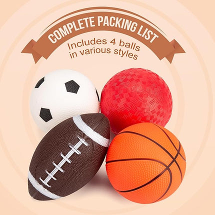 Balls for Toddlers with Pump 4 Pack 5" Small Rubber Playground Balls for Kids - 1 Football, 1 Basketball, 1 Soccer Ball and 1 Dodge Kickball - Indoor Outdoor Toys Gift