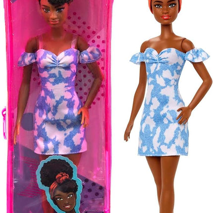 Barbie Fashionistas Doll #185 with Black Up-do Hair, Bleached Denim Dress & Accessories Including Boots & Headband