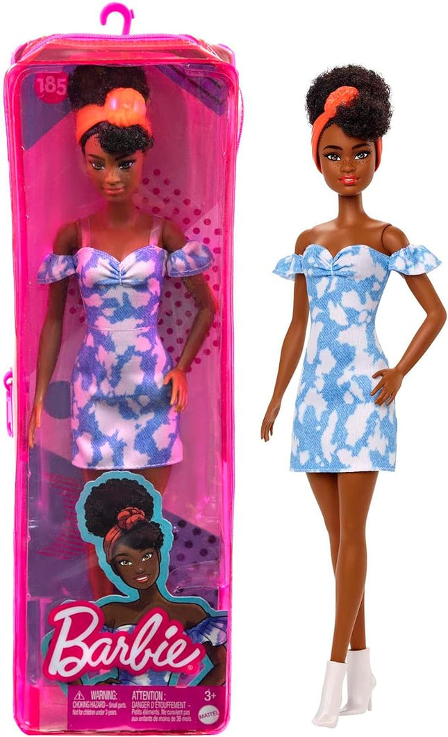 Barbie Fashionistas Doll #185 with Black Up-do Hair, Bleached Denim Dress & Accessories Including Boots & Headband