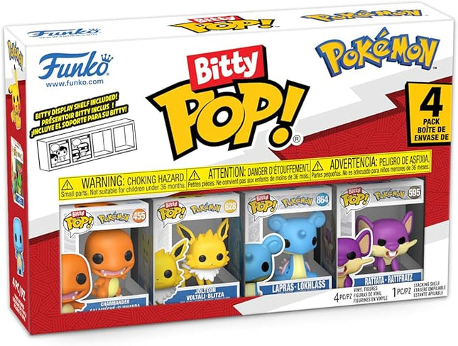 Funko Pop! Bitty: Pokemon - Charmander, Jolteon, Lapras, and Rattata - 0.9 Inch (2.2 Cm) Collectable - Stackable Display Shelf Included - Gift Idea - Party Bags Stocking