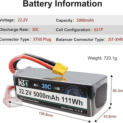 KBT 6S 5000mAh LiPo High Discharge Rate Battery Soft Pack 22.2V 30C Rechargeable Lithium Polymer Battery with XT60 Connector for RC Car Drone Boat Truck Racing Quadcopter Helicopter