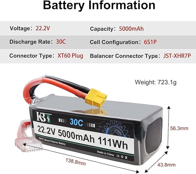 KBT 6S 5000mAh LiPo High Discharge Rate Battery Soft Pack 22.2V 30C Rechargeable Lithium Polymer Battery with XT60 Connector for RC Car Drone Boat Truck Racing Quadcopter Helicopter