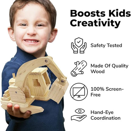 Kraftic Woodworking Building Kit for Kids and Adults, 3 Educational DIY Carpentry Construction Wood Model Kit STEM Toy Projects for Boys and Girls - Wooden Military Vehicle, Excavator and Bird-Feeder