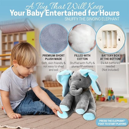 Snuffy The Elephant - Musical Peek-a-Boo Elephant Toy - Interactive Stuffed Baby Animal with Moving Ears for Baby - Hide and Seek Fun - Elephant Plush Baby Toy