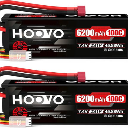 HOOVO 2S Lipo Battery,7.4V 6200mAh 100C LiPo Battery RC Pack Hard Case with T Plug Compatible with RC Buggy Vehicles Car Boat Truck, 2 Pack