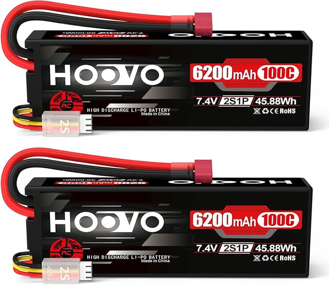 HOOVO 2S Lipo Battery,7.4V 6200mAh 100C LiPo Battery RC Pack Hard Case with T Plug Compatible with RC Buggy Vehicles Car Boat Truck, 2 Pack