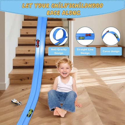 Flex Race Car Track 15 Ft for Kids 3+ Toys, with 4 Small Racecars, Suitable for Hot Wheels and Diecast 1/64th Cars, Rolls Up Race Tracks with Strong Suction Cups