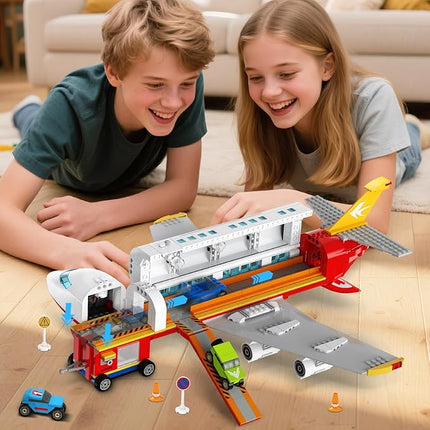 HOGOKIDS 2 Style City Airplane Building Set with LED Light - Large Plane Building Blocks Switch Passenger & Cargo Projectile Toy with 3 Cars, Planes Model Toys Gifts for Adults Boys Girls Age 6-12+