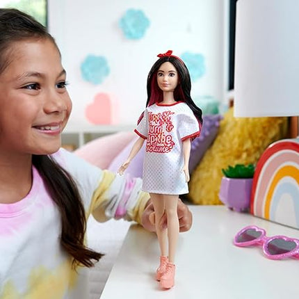 Barbie Fashionistas Doll #214, Black Wavy Hair with Twist ‘n’ Turn Dress & Accessories, 65th Anniversary Collectible Toy