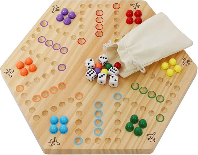 HOROW Wahoo Board Game Wooden Original Board Game Classic 2 Side Painted Fast Track Game for 4 Player and 6 Player with 30 Marbles,6 Dices for Family Game Night(6large,Log)