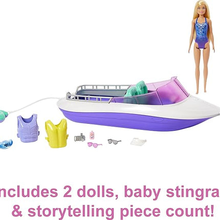 Barbie Mermaid Power Dolls & Toy Boat Playset, "Malibu" & "Brooklyn" in 18-in Floating Boat with See-Through Bottom & Accessories