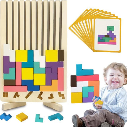Wooden Stacking Puzzle Toy 3D Wooden Russian Puzzle for Kids, Montessori Wood Stacking Blocks Colored Family Brain Teaser Activity, Giant Block Board Toys for Toddlers 3-6 Years