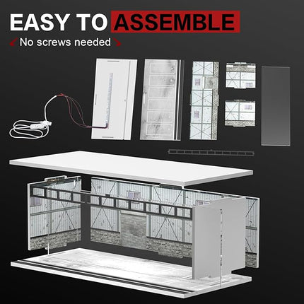 1/64 Scale Diecast Display Case for Hot Wheels Matchbox Cars, Toy Car Model Mini Garage with LED Light and Acrylic Cover, Stackable Parking Lot Diorama Storage for Collection Present