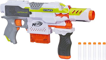 Nerf Modulus Stryfe Motorized Blaster - Fires 6 Darts in a Row - Includes Drop Grip, Barrel Extension, 6-Dart Clip, 6 Nerf Elite Darts (Amazon Exclusive)