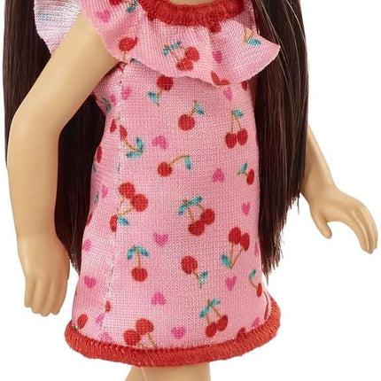Barbie Chelsea Doll (Brunette) Wearing Ruffled Cherry-Print Dress and Black Shoes, Toy for Kids Ages 3 Years Old & Up