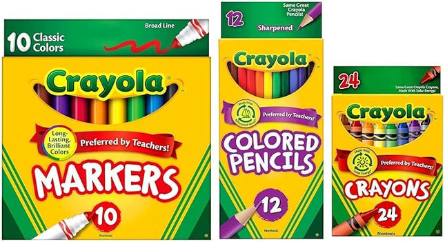 Crayola Classic Bundle: 3 Items - Crayons (24 Count), Broad Line Markers (10 Count), Colored Pencils (12 Count)