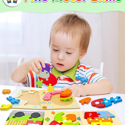 Yetonamr Wooden Toddler Puzzles Gifts Toys for Boys Girls, 8 Vehicle Shape Montessori Toy Educational Blocks Kids Toys Gift Baby Learning Toy