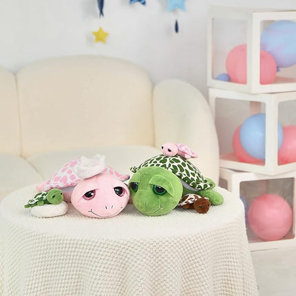 MorisMos Sea Turtle Stuffed Animal with Babies,14 in Mommy Turtle with 3 Baby Turtles Toys, 2 Plush Eggs inside Belly Pouch,Big-Eyed Stuffed Animal for Toddlers Kids,Pink Tortoise Gifts for Girls Boys