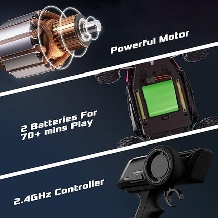 1:16 Scale Remote Control Car, 20 Km/h High Speed Remote Control Truck Off Road RC Monster Vehicle with LED Headlights and Chassis Lights, Electric Toy for Boys Kids and Adults