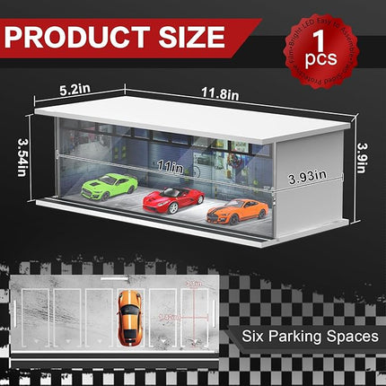 1/64 Scale Diecast Display Case for Hot Wheels Matchbox Cars, Toy Car Model Mini Garage with LED Light and Acrylic Cover, Stackable Parking Lot Diorama Storage for Collection Present