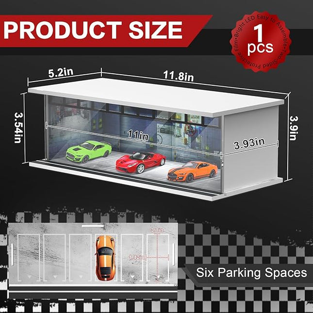 1/64 Scale Diecast Display Case for Hot Wheels Matchbox Cars, Toy Car Model Mini Garage with LED Light and Acrylic Cover, Stackable Parking Lot Diorama Storage for Collection Present