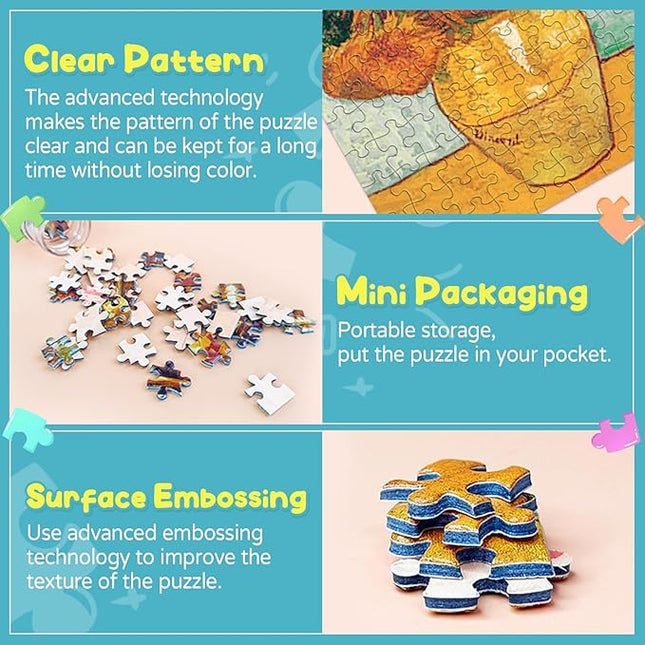 150 Pieces Mini Jigsaw Puzzles for Adults & Kids, 6" x 4" Small Jigsaw Puzzles Capsule Tube Jigsaw Puzzles Intelligent Game, Branches Of An Almond Tree In Blossom The Pink Peach Tree Sunflowers 3 Pack