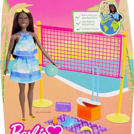 Barbie Loves The Ocean Beach-Themed Playset, with Volleyball Net & Accessories, Made from Recycled Plastics, Gift for 3 to 7 Year Olds