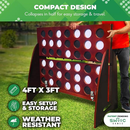 SWOOC Games - XL Giant 4 in A Row (4ft x 3ft) All Weather with Carrying Case & 60% Quieter Design - Giant Connect - 4 Outdoor Game - Giant Outdoor Games for Family - Jumbo Games - Giant Lawn Games