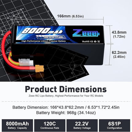 Zeee 6S Lipo Battery 8000mAh 22.2V 120C Soft Pack RC Battery XT60 Connector for RC Car Truck Desert Racer RC Drone RC Tank Racing Hobby Models(2 Pack)