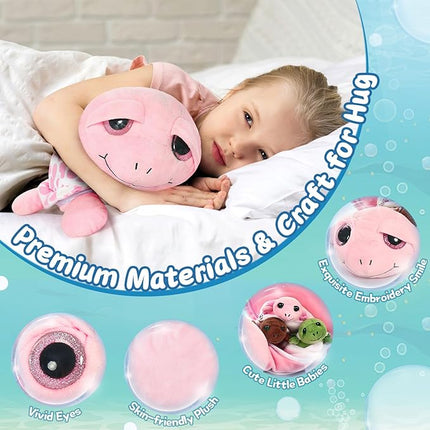 MorisMos Sea Turtle Stuffed Animal with Babies,14 in Mommy Turtle with 3 Baby Turtles Toys, 2 Plush Eggs inside Belly Pouch,Big-Eyed Stuffed Animal for Toddlers Kids,Pink Tortoise Gifts for Girls Boys