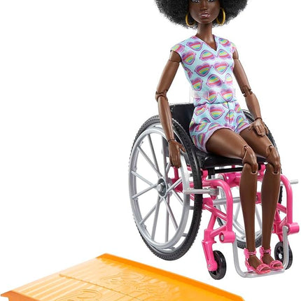 Barbie Doll with Wheelchair and Ramp, Kids Toys, Barbie Fashionistas, Curly Black Hair, Rainbow Heart Romper, Clothes and Accessories