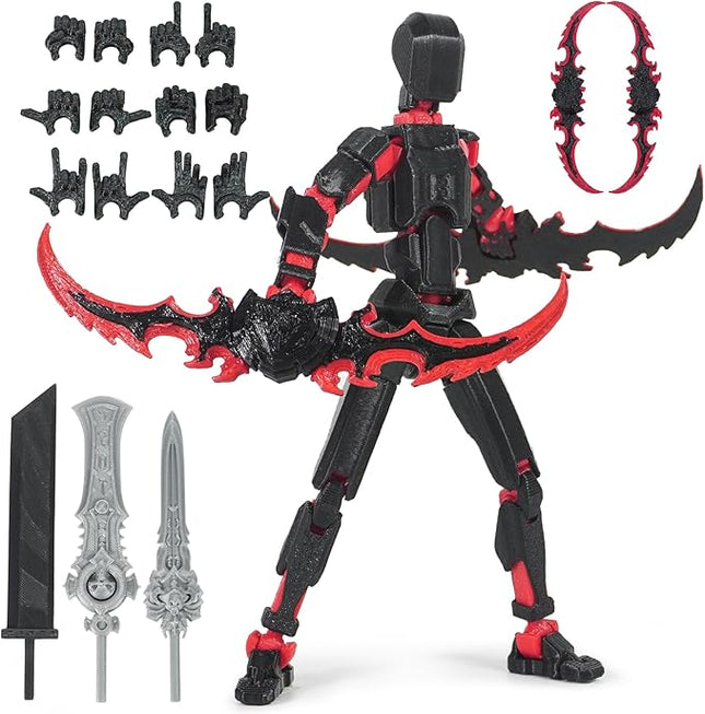Pre-Assembly 3D Printed 5.54'' Dummy13 Action Figure, Multi-Jointed Tian13, Articulated T13 Desktop Decoration,12 in 1 Accessories, Best Birthday Festival Gift (Black+red)