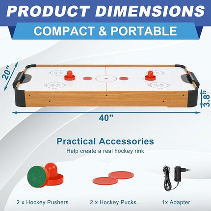 40in Tabletop Air Hockey Table, Portable Arcade Game Table for Kids and Adult, Indoor Game Table w/ 2 Pucks, 2 Pushers, Electronic Motor Fans for Game Room、Family Recreation