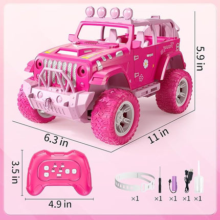 Pink Remote Control Car for Girls 4-7, 2.4GHz Off-Road RC Jeep with Spray, Climbing Toy for Girls Aged 3-4 5-6 7-8 9-10, Remote Control Vehicle Gift for Birthday Christmas Toys