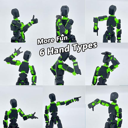 Assembled Titan 13 Action Figure Set, 3D Printed T13 Dummy Action Figure Multi-Jointed Movable Hand, Lucky 13, Desktop Decorations Game Gifts, (Black-Green)