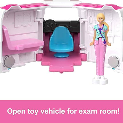 Barbie Mini BarbieLand Doll & Toy Vehicle Set with 1.5-inch Doll, Color-Change Care Clinic Vehicle & Medical Office