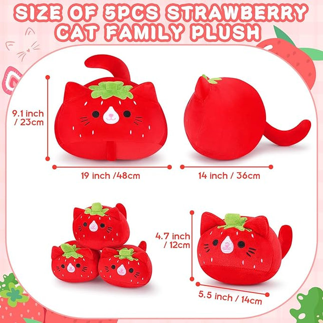5 PCS Strawberry Cat Plush Stuffed Animal Family-19" Soft Strawberry Cat Plush, Large Mommy Plushies with 4 Baby Kittens Plushies, Kawaii Plushie Toy Christmas Birthday Gifts for Kids Boys