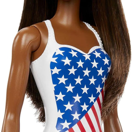 Barbie Doll with Beach Theme in American Flag Stars and Stripes Swimsuit, Brunette